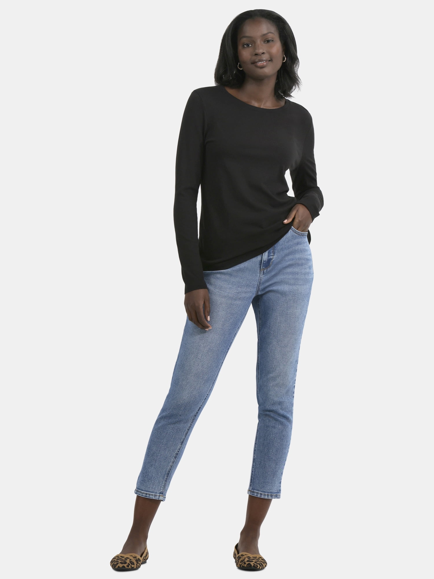 Time and Tru Women's Cotton Crewneck Tee with Long Sleeves, 2-Pack, Sizes XS-XXXL