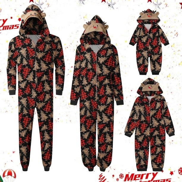¡Ofertas del Black Friday 2022! Pisexur Conjuntos de pijamas navideños familiares a juego de una pieza con estampado de árbol de Navidad con capucha, ropa de dormir de ciervos de Navidad, traje