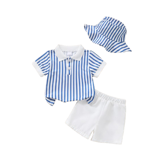 PureChapter Baby Boy Outfit Striped Polo Shirt, Solid Shorts & Bucket Hat Set 3-Piece Casual Summer Beach Clothes for Infant Toddler