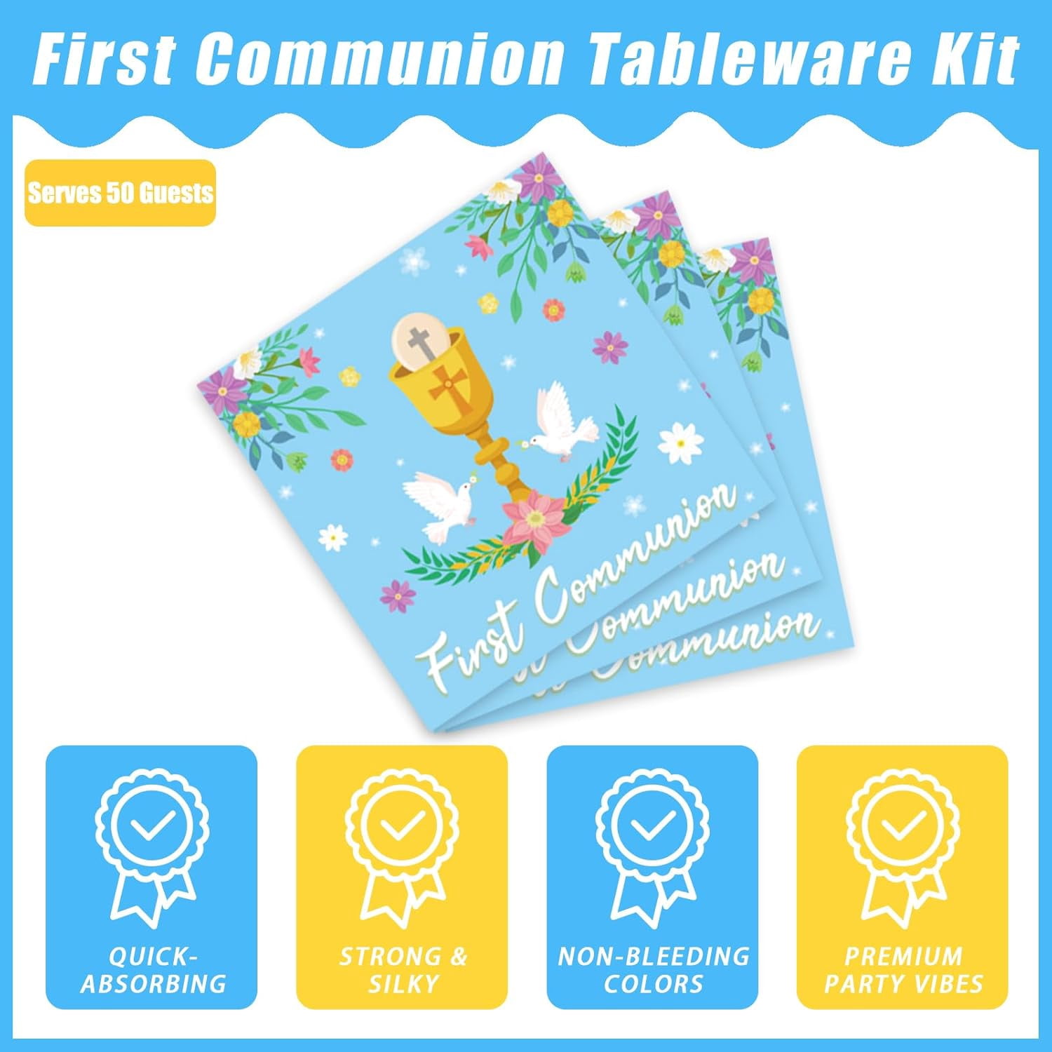 200Pcs Blue Baptism Plates and Napkins, First Holy Communion Party Decorations Supplies for Boys God Bless Christening Celebration Party Baby Shower Disposable Tableware Set, Serves 50