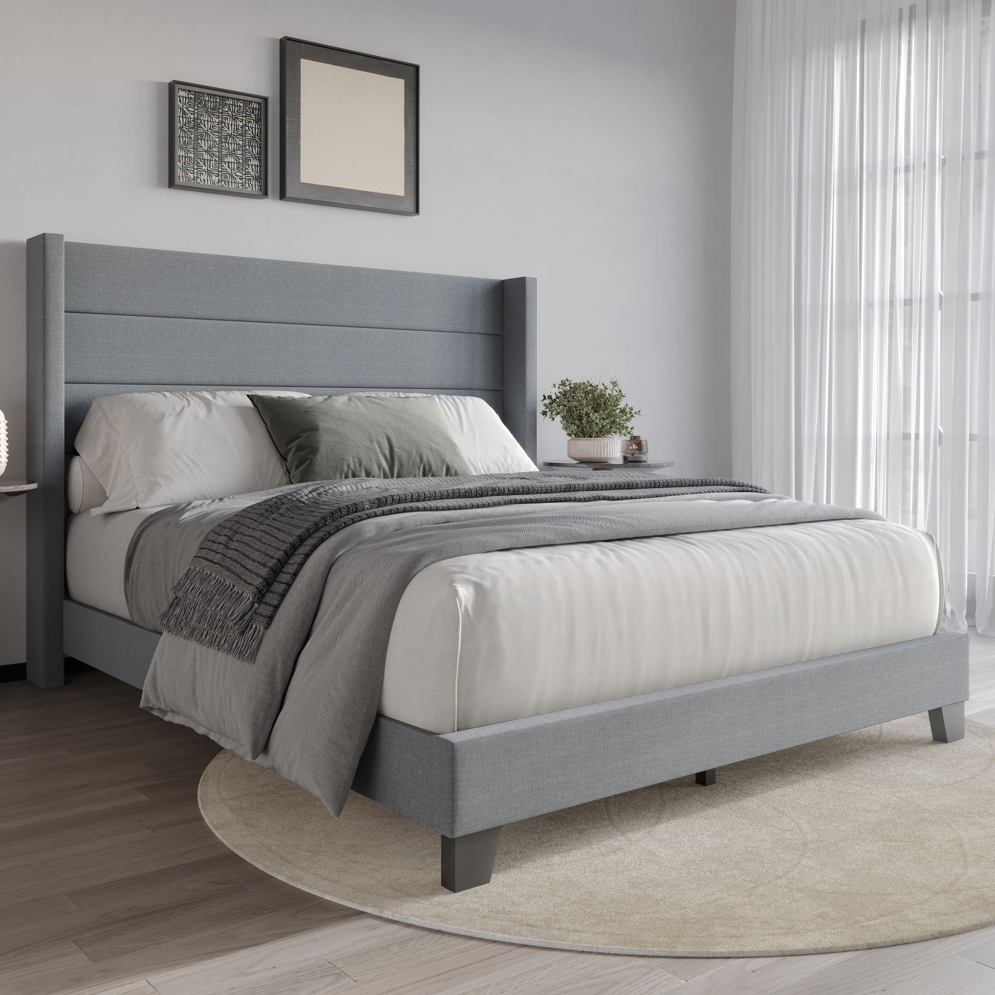 Home Design Niles Full Upholstered Panel Bed Frame with Wingback Headboard and Foam-Padded Support, Gray, Easy Assembly