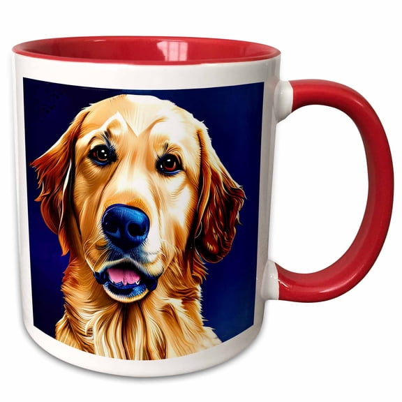 3drose, Charming Golden Retriever Dog Face on Blue. Digital Art Gifts for Family, 11oz Two-tone Red Mug