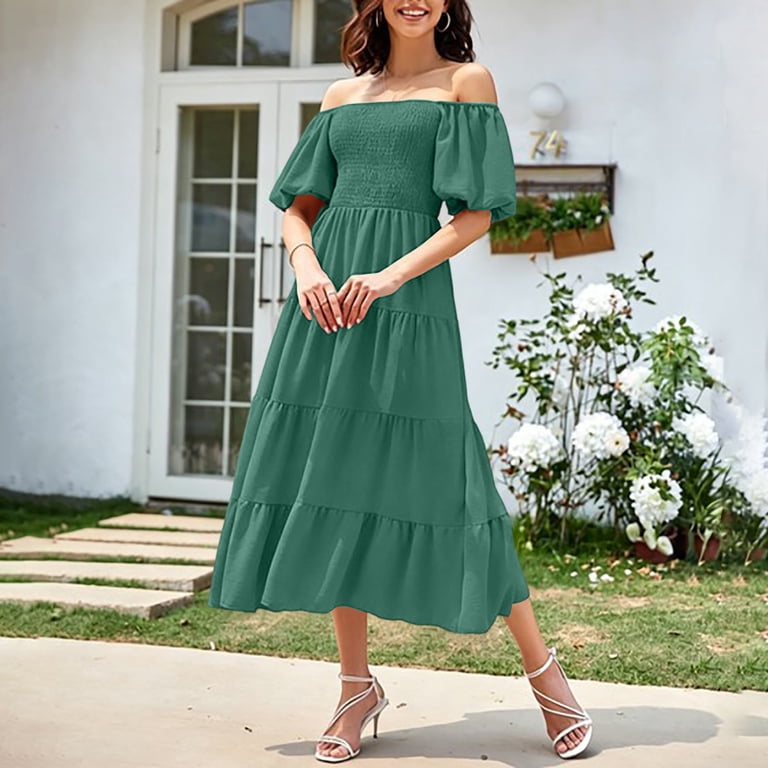 cute a line summer dresses QUNYINEY Summer Dresses for Women Puff Short Sleeve Long Off The Shoulder A Line Dress Casual Solid Square Neck Cute Loose Fit Dresses