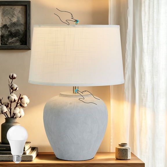 25.12" Vintage Gray Matte Ceramic Table Lamp with Fabric Shade, Bedside Nightstand Lamp for Bedroom, Living Room, Entryway