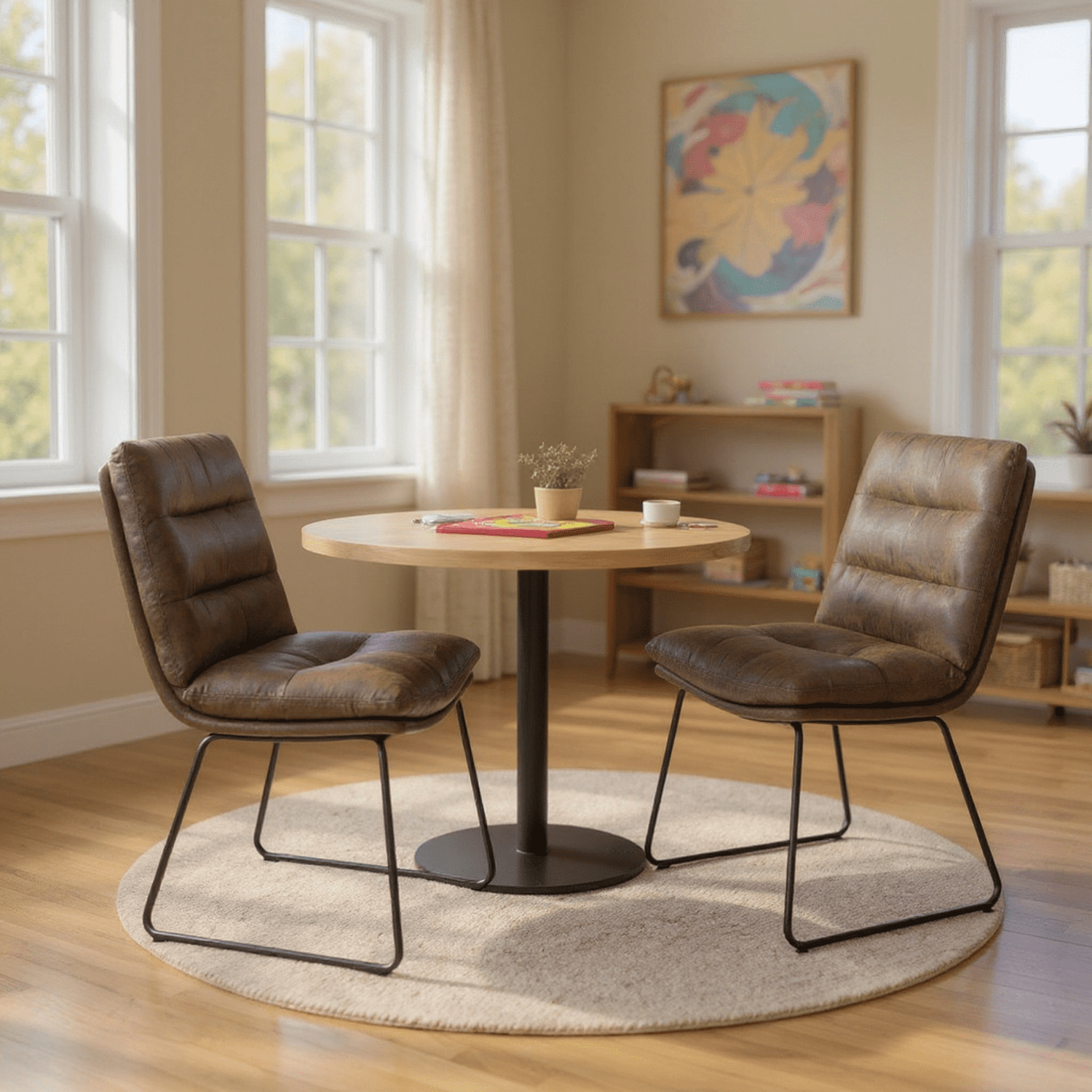 Homy Casa Set of 2 Channel Tufted Faux Leather Dining Chairs with Silver Sled Legs for Kitchen and Dining Room