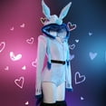 thumbnail image 4 of MOBBUNNY Women Fluffy Bodycon Romper Blue Furry Lingerie Hooded Bodysuit Jumpsuit with Tail Belt and Socks, S, 4 of 10