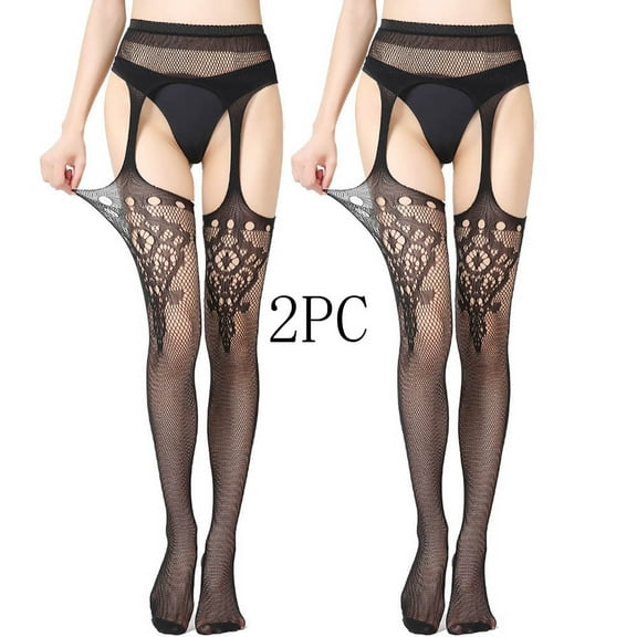 Ovbmpzd Black Tight Women 2 Packs Sheer Fishnet Pantyhose Garter Suspender Crotchless Leggings Tights for Women
