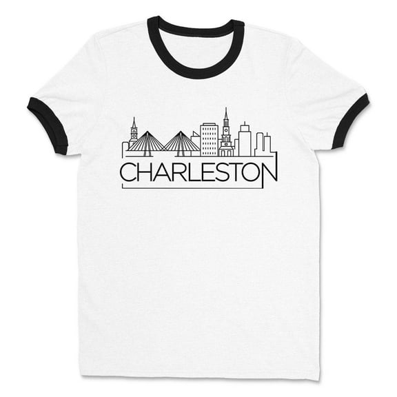 Skyline Charleston South Carolina Ringer Tee Shirt Unisex Large White/Black