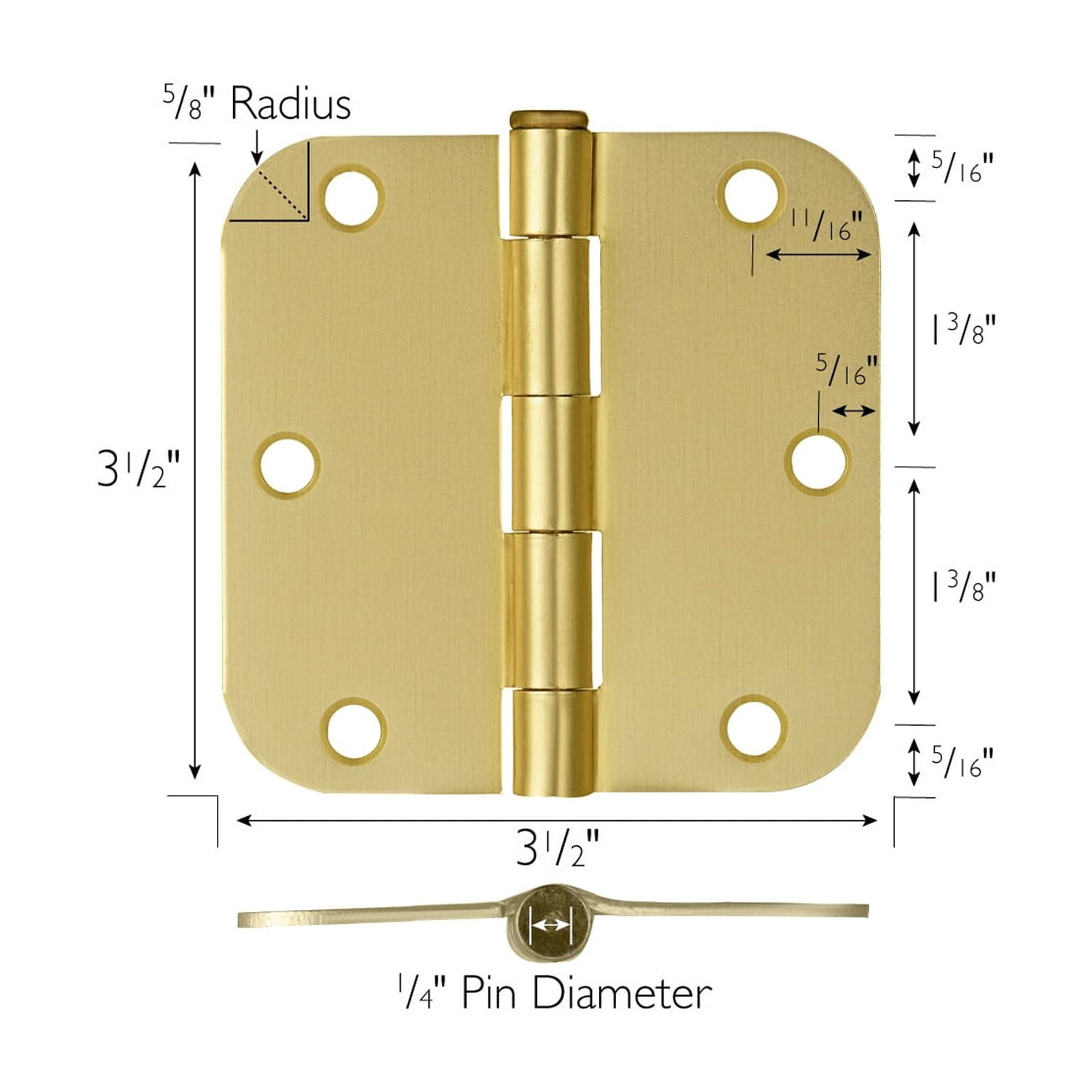 Satin Brass Steel Plain Bearing Door Hinge with Removable Pin, 3-1/2 x 3-1/2 in. 5/8 in. Radius, 2-Pack