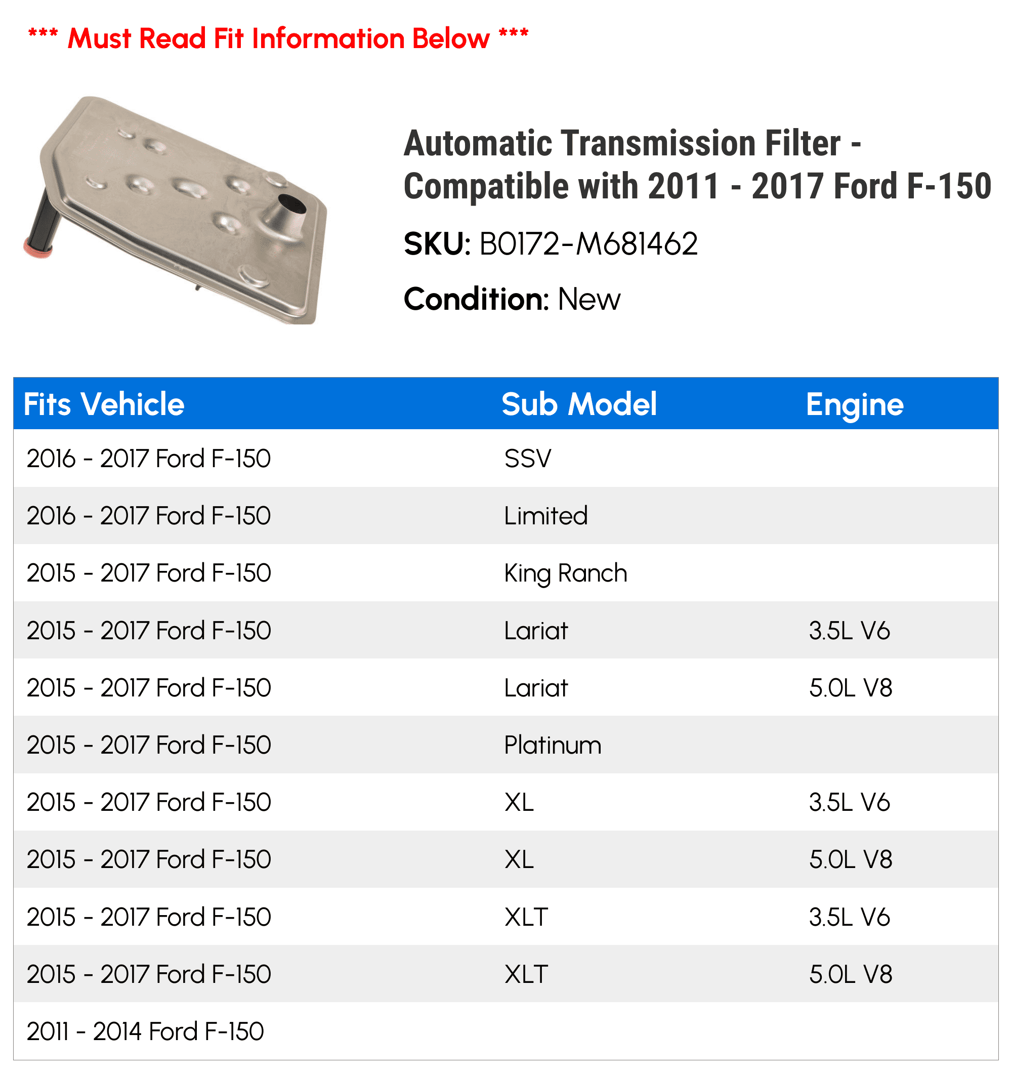 Automatic Transmission Filter - Compatible with 2011 - 2017 Ford F-150 2012 2013 2014 2015 2016