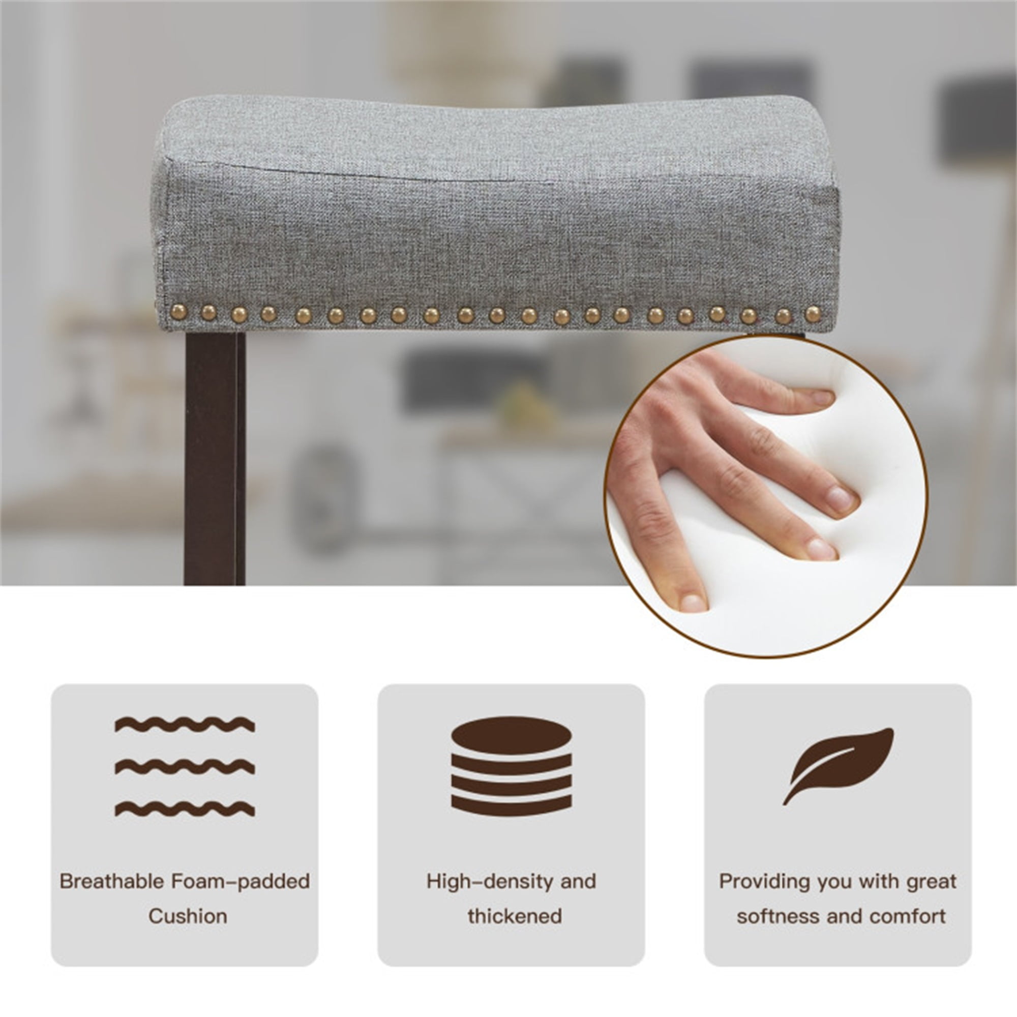 Demi Bonn Set of 2 Nailhead Saddle Bar Stools, 29" Heightdoor Modern Dining Chair, Gray