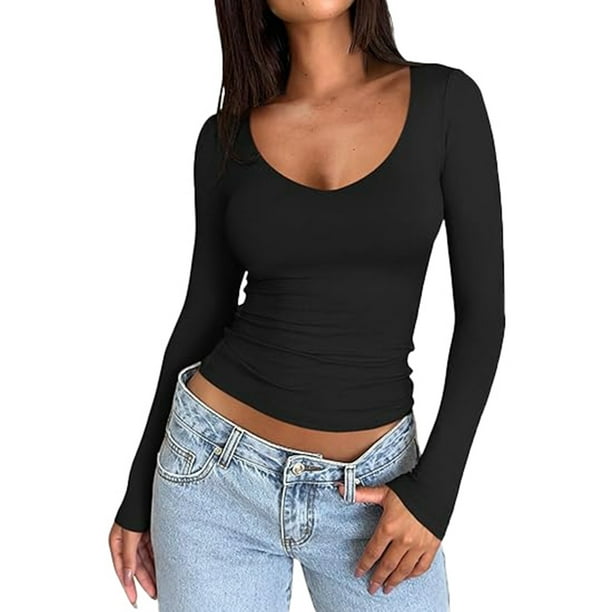 Camiseta interior ajustada de manga larga y cuello en V para mujer: camiseta interior de alta gama, poliéster y spandex, tallas XS-XL, informal/de negocios