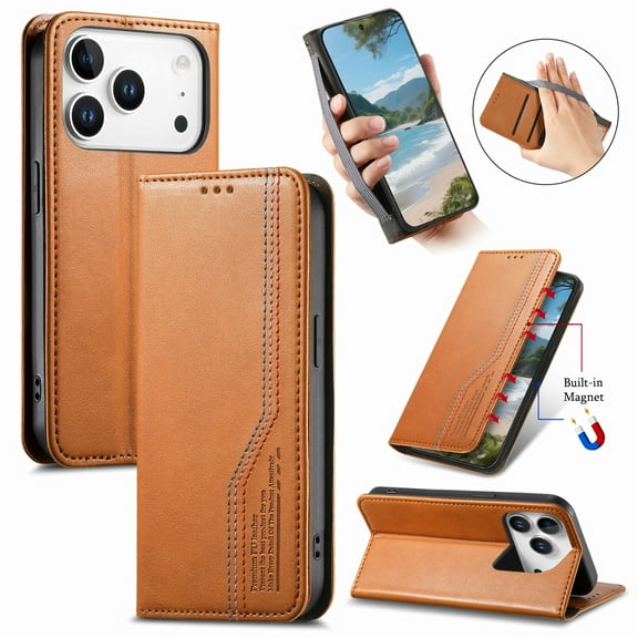 ELEHOLD For iPhone 17 Pro Max Wallet Case with Wristband, Vintage Faux Leather TPU Cover Card Cash Slot Magnetic Closure Stand Shockproof Wallet Case For iPhone 17 Pro Max,Brown