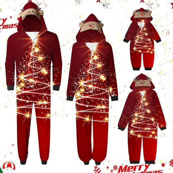 Odeerbi Christmas Onesie Pajamas for Family Holiday Sleep Jumpsuit Long Sleeve Family Christmas Pajamas Matching Sets Dad Printed Loungewear Jumpsuit Sleepwear Xmas PJs Set Red