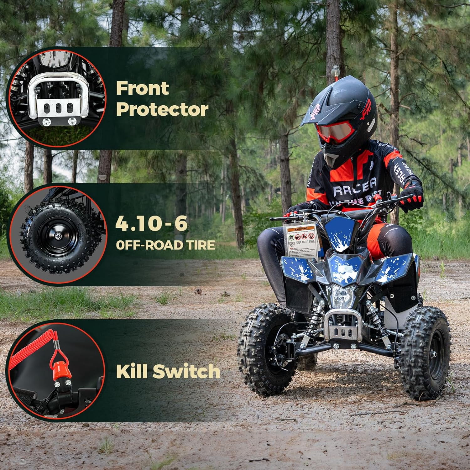 FRP 40cc Gas Powered Mini ATV, 4-Stroke Off-Road 4 Wheeler for Ages 13+, Up to 15 MPH, Adjustable Speed Control, Front & Rear Disc Brakes, Pull Start