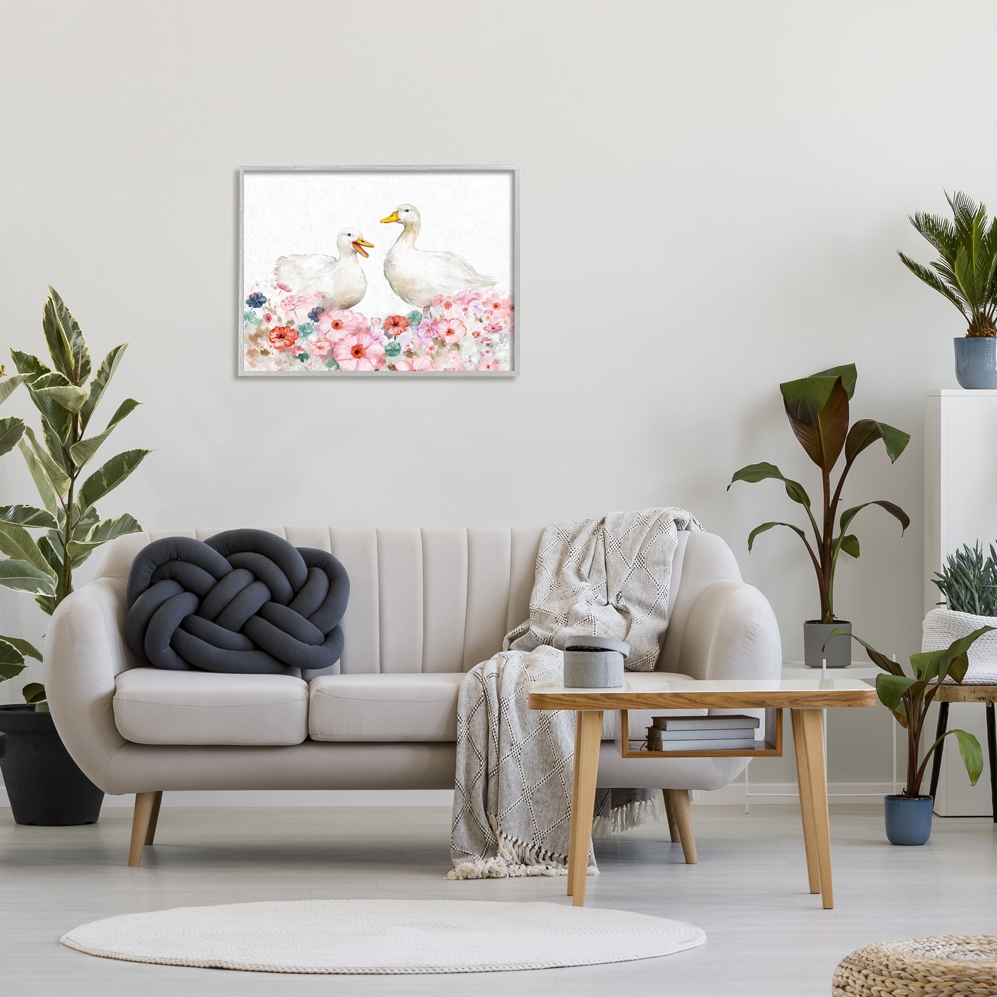 Stupell Industries Ducks & Pastel Flowers Animals & Insects Painting Gray Framed Art Print Wall Art, 30 x 24