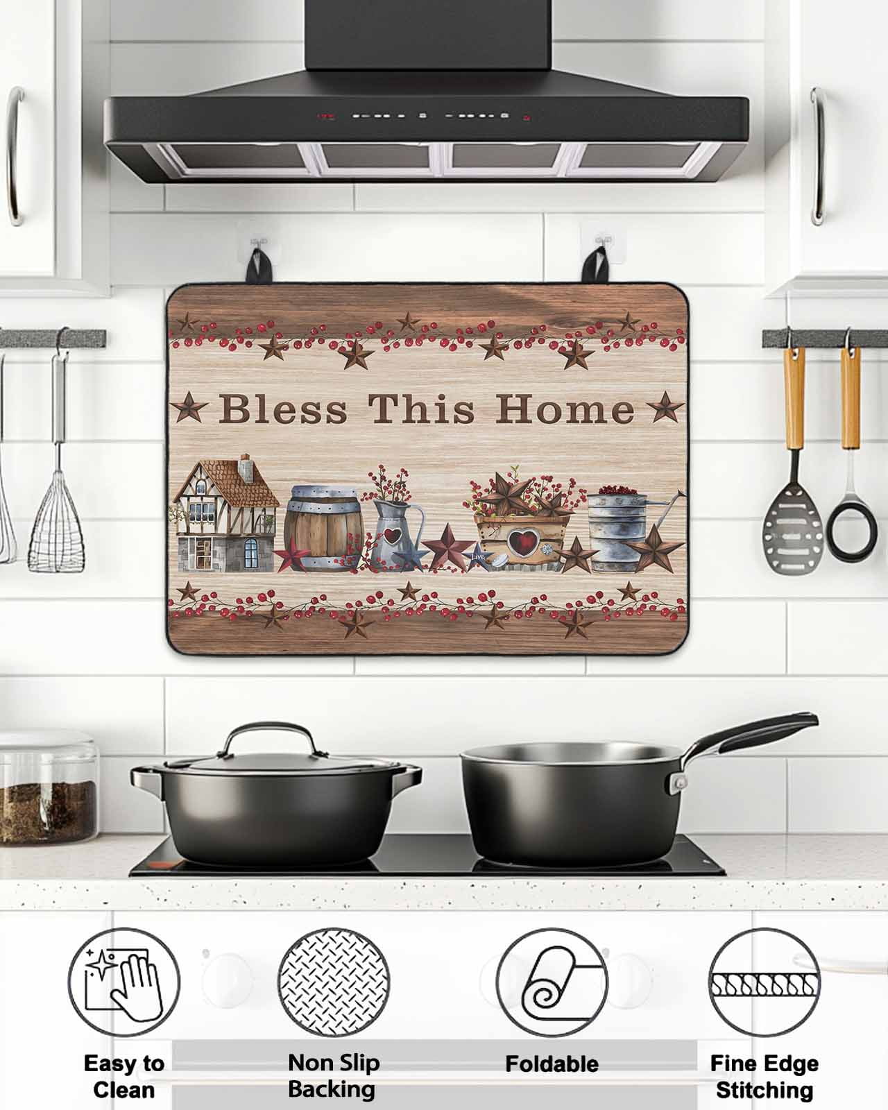 Stove Top Covers for Electric Stove, Farmhouse Glass Stovetop Cover Protector, Brown Country Star Berry Vintage Wood Grain Induction Cooktop Protector Oven Mat for Kitchen Countertop 24"x21"