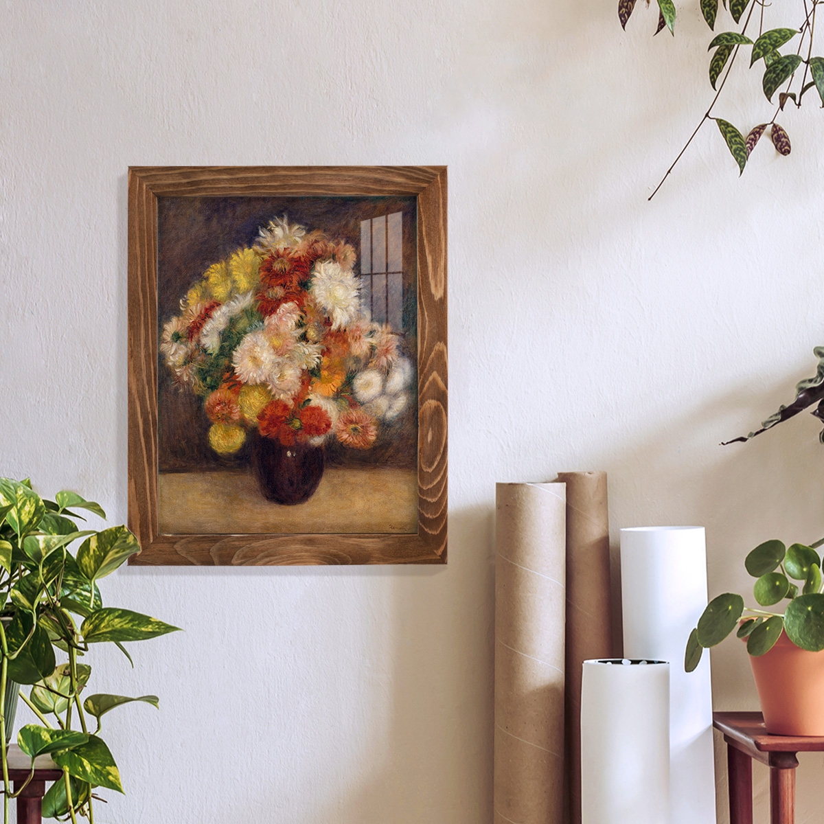 Bouquet of Chrysanthemums -Framed Print w/glass-Walnut