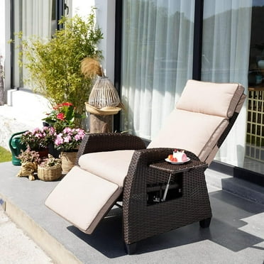 Simenmax Outdoor Recliner Chair, Patio Flat Recliner with Flip Table Wicker Reclining Lounge Chair, Beige