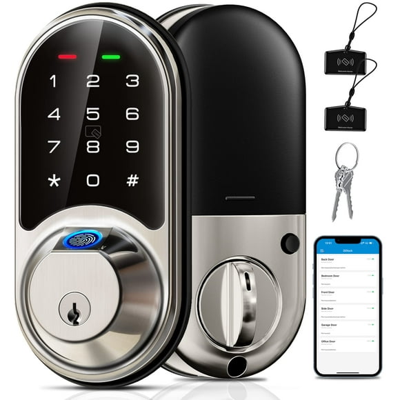 Veise Smart Lock, Cerradura de puerta con huella digital, Cerradura de puerta de entrada sin llave 7 en 1 con control de aplicación, teclado electrónico con pantalla táctil, cerrojo inteligente, cerra