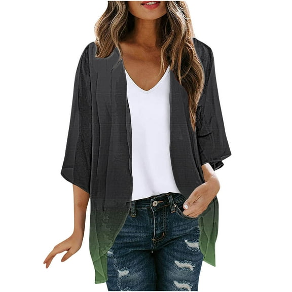 tklpehg Cardigans for Women Puff Sleeve Cardigan Loose Chiffon Cover Up Blouse Leisure Solid Color Fall Coat 3/4 Sleeve Overcoat Blouses Army Green XL