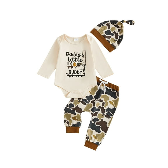 Spewahor Infant Baby Boy Fall Clothes Set 0 3 6 9 12 Months Letter Fish Print Long Sleeve Romper Camouflage Pants and Hat 3Pcs Outfit