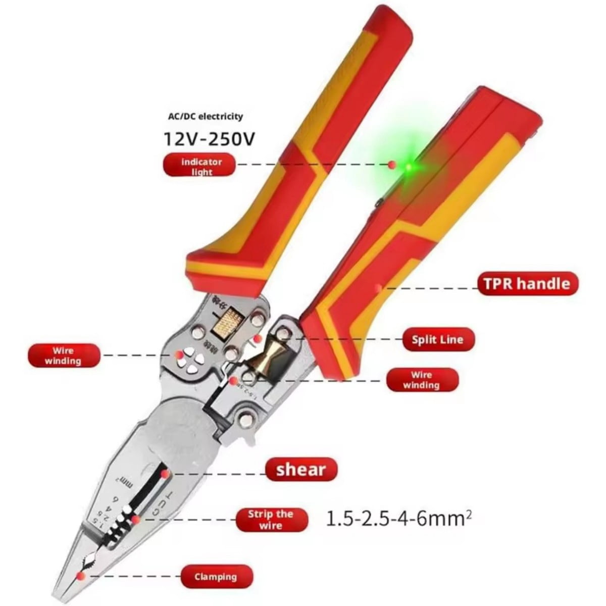 8 in 1 multi-function wire stripper, electrician pliers with charge measurement, wire clamp, wire splitter and wire winding multi-function tool, suitable for professionals and DIY enthusiasts
