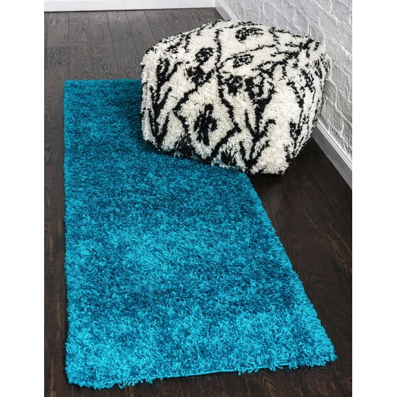 Rugs.com Solid Shag Collection Rug – 13 Ft Runner Turquoise Shag Rug Perfect For Hallways, Entryways