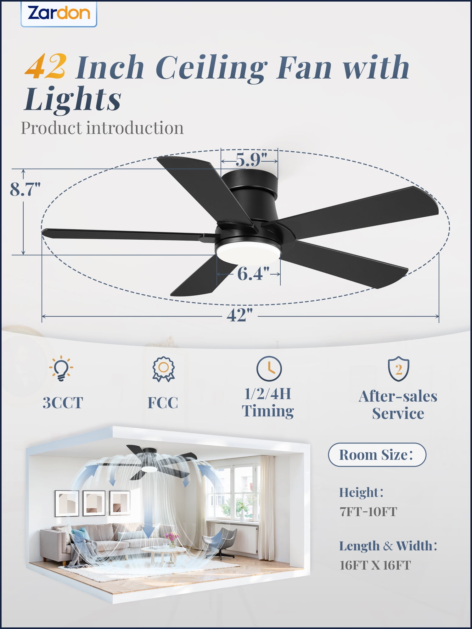 Zardon Ceiling Fans with Lights and Remote, 42in Low Profile Flush Mount Ceiling Fan with 6 Reversible Speeds for Bedroom Indoor, Black