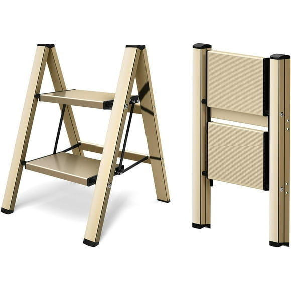 2 Step Ladder, Aluminum Lightweight Folding 2 Step Stool with Anti-Slip Wide Pedal, 330lbs Capacity Ladder for Household and Office(Champagne Gold)