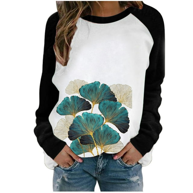Women Multiple Color Fashion Easy Nature Round Collar Floral Printing Long Sleeve Polyester Top(Black,M)