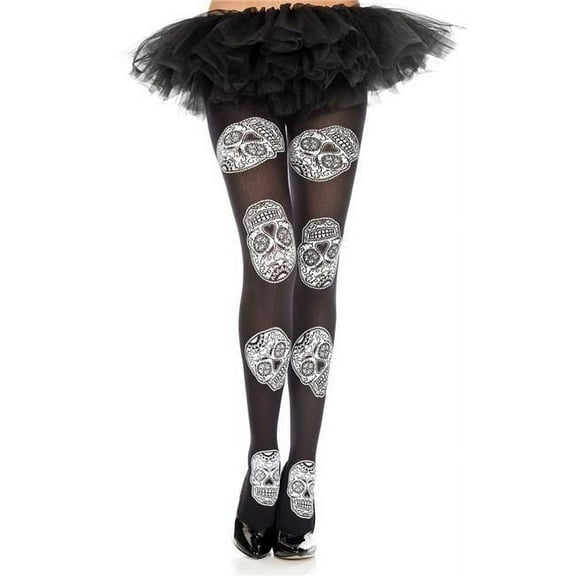 Music Legs Women's 37322-BLACK-WHITE Sugar Skull Print Tights; Black & White 37322-BLACK/WHITE