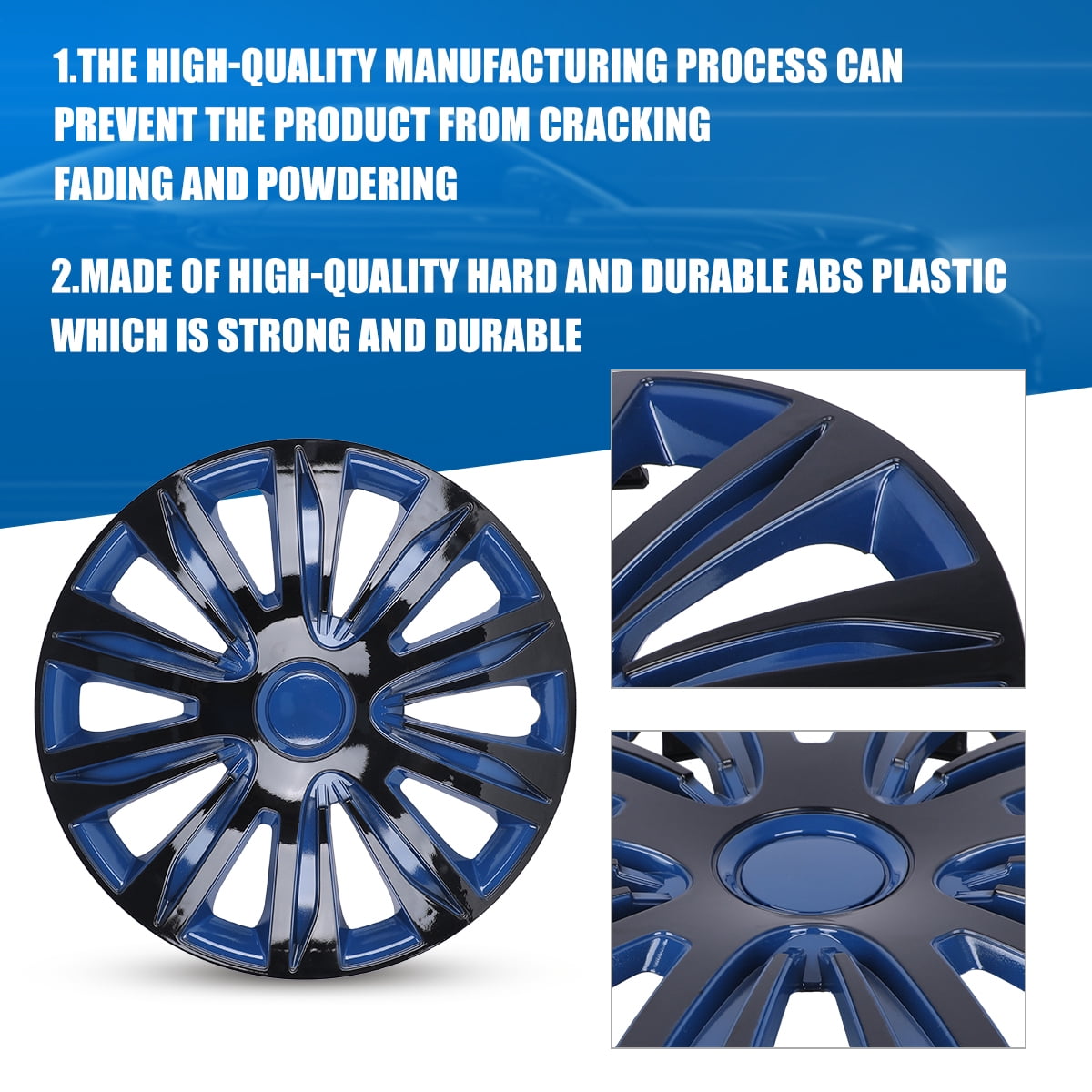 4Pcs/set Wheel Rims Cover Hubcaps ,13 Inch Universal Snap On Car Truck SUV Wheel Covers ABS+PC Material （13-Inch, Black+Blue Lacquer)