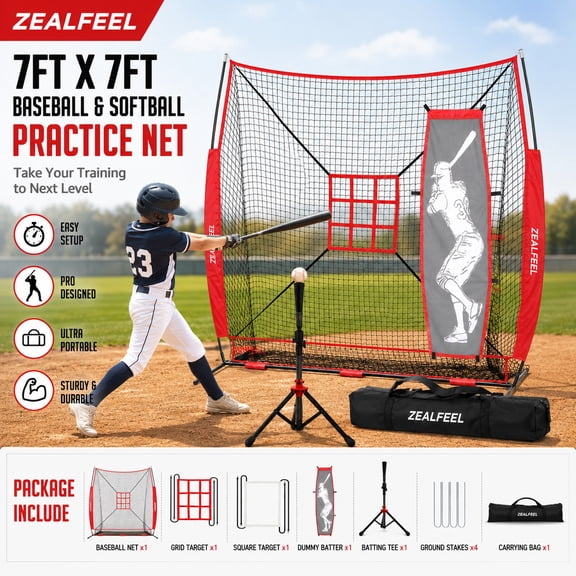 Zealfeel 7 x 7 ft Baseball & Softball Net Set: Includes Batting Tee, Dummy Batter, 2 Strike Zones & Ball Collection System. Steel Frame & Carry Bag