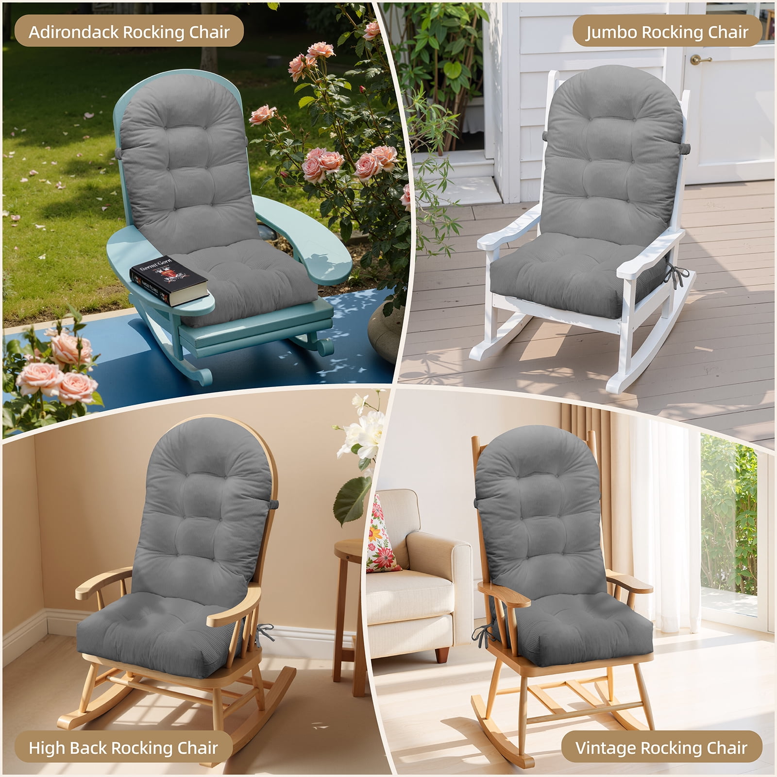 Millsilo Rocking Chair Cushion Set 44" x 19" x 4", High Back Tufted Cushion, Soft Breathable Corduroy Fabric, Non-Slip, Gray