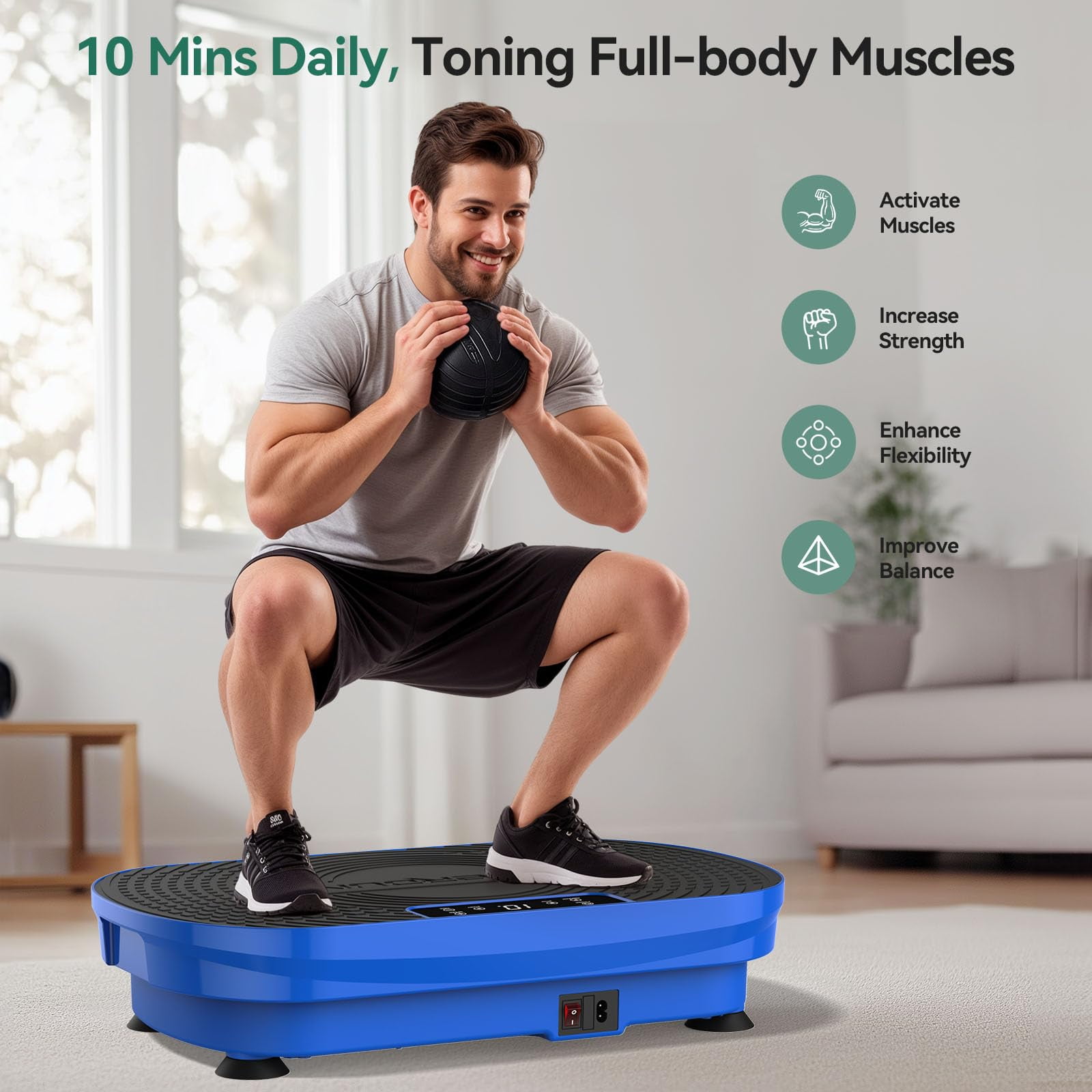 UPGO Vibration Plate Exercise Machine, Lymphatic Drainage Machine, Whole Body Workout Vibration Platform w/ 2 Resistance Bands for Weight Loss, Toning & Wellness-Blue