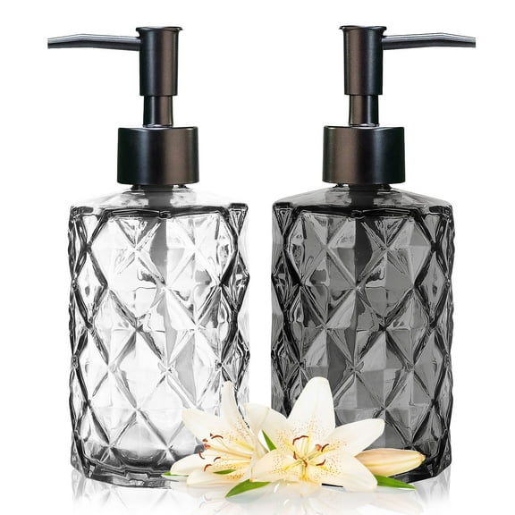 Aomota 2 Pack Glass Soap Dispenser Diamond Design , 12 Ounce Kitchen Soap Dispenser for Bathroom, Hand Soap, Dish Soap (Clear and Grey)