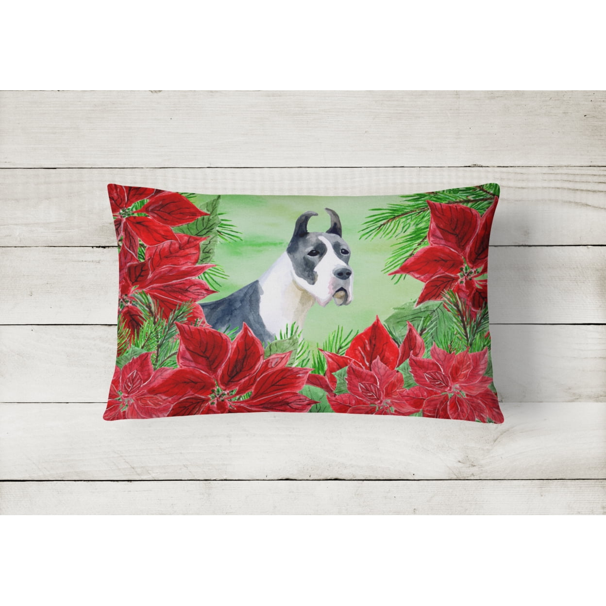 Carolines Treasures CK1292PW1216 Harlequin Great Dane Poinsettas Canvas Fabric Decorative Pillow 12H x16W multicolor