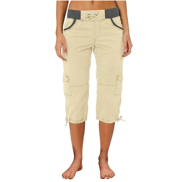 Pantalones capri cargo de verano Umfun para mujer, pantalones casuales elásticos de cintura alta, pantalones holgados de playa, pantalones cortos con cordón para vacaciones