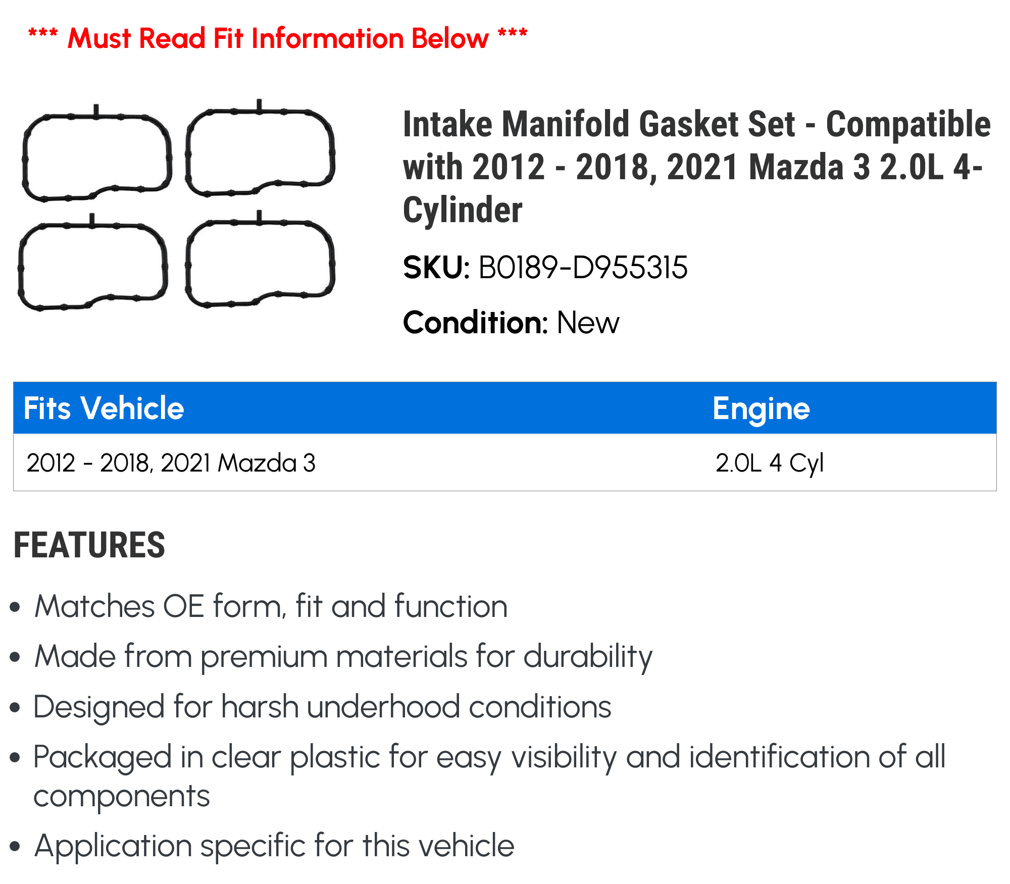 Intake Manifold Gasket Set - Compatible with 2012 - 2018, 2021 Mazda 3 2.0L 4-Cylinder - Beck Arnley