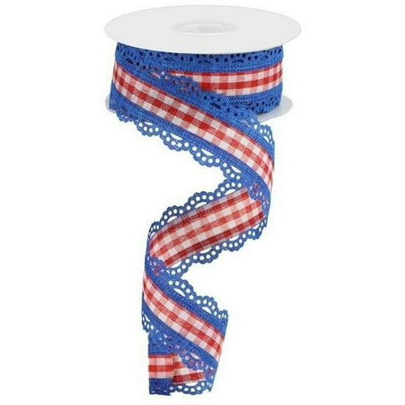 1.5" Scalloped Edge Gingham Ribbon: Red, White  Blue (10 Yard)
