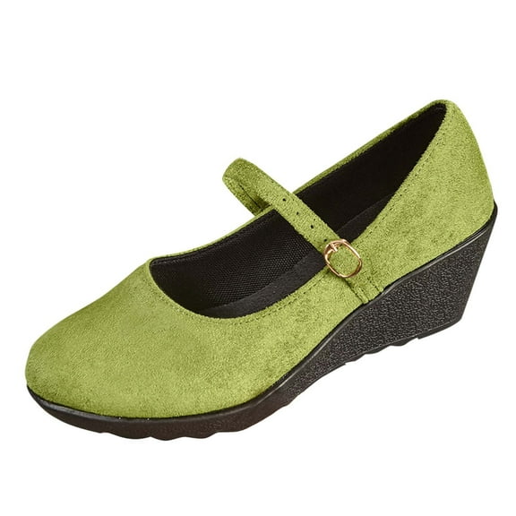 RUIYANQI Women's Mary Jane Wedge Shoes - Adjustable Strap Comfort Footwear, Suede Round Toe Pumps, Trendy Casual Dress Shoes, Arch Support Walking Shoes Green Women Sandal