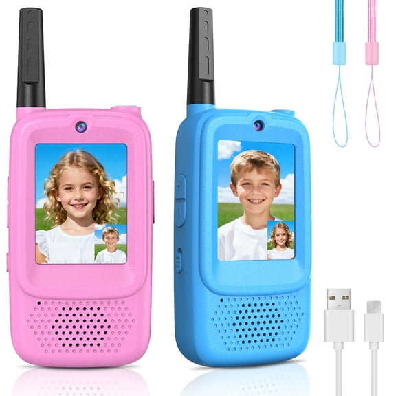 Video Walkie Talkies for Kids 2 Pack Rechargeable Long Range Two Way Radios Toys for Boys Girls Age 3-5, Outdoor Adventure Camping Hiking, for Boys Girls Ages 3-12,Blue Pink