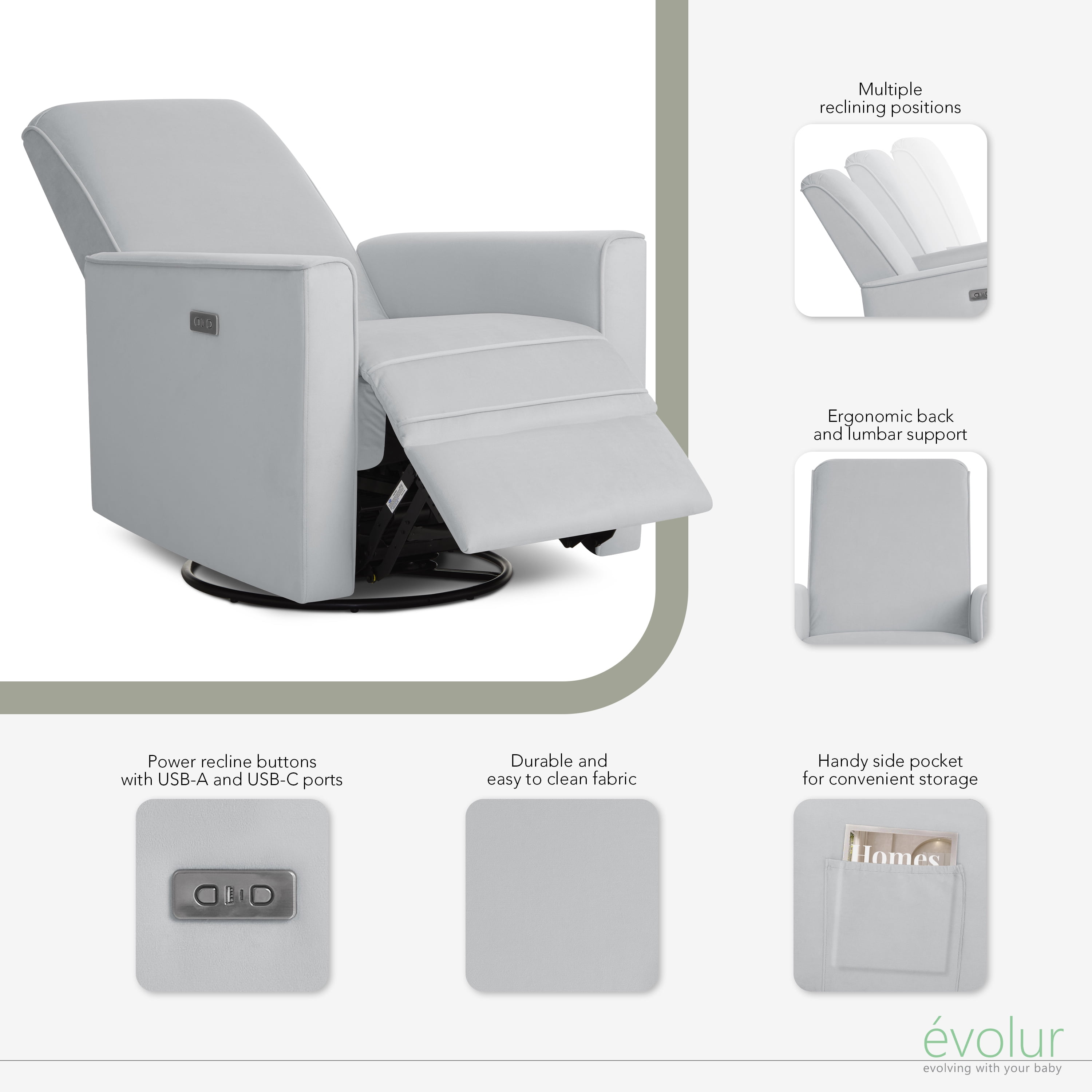 Evolur Harlow Deluxe Upholstered Plush Seating Glider Swivel, Power Recliner with USB Port, Greenguard Gold Certified, Glider Chair for Nursery, Mystic Gray