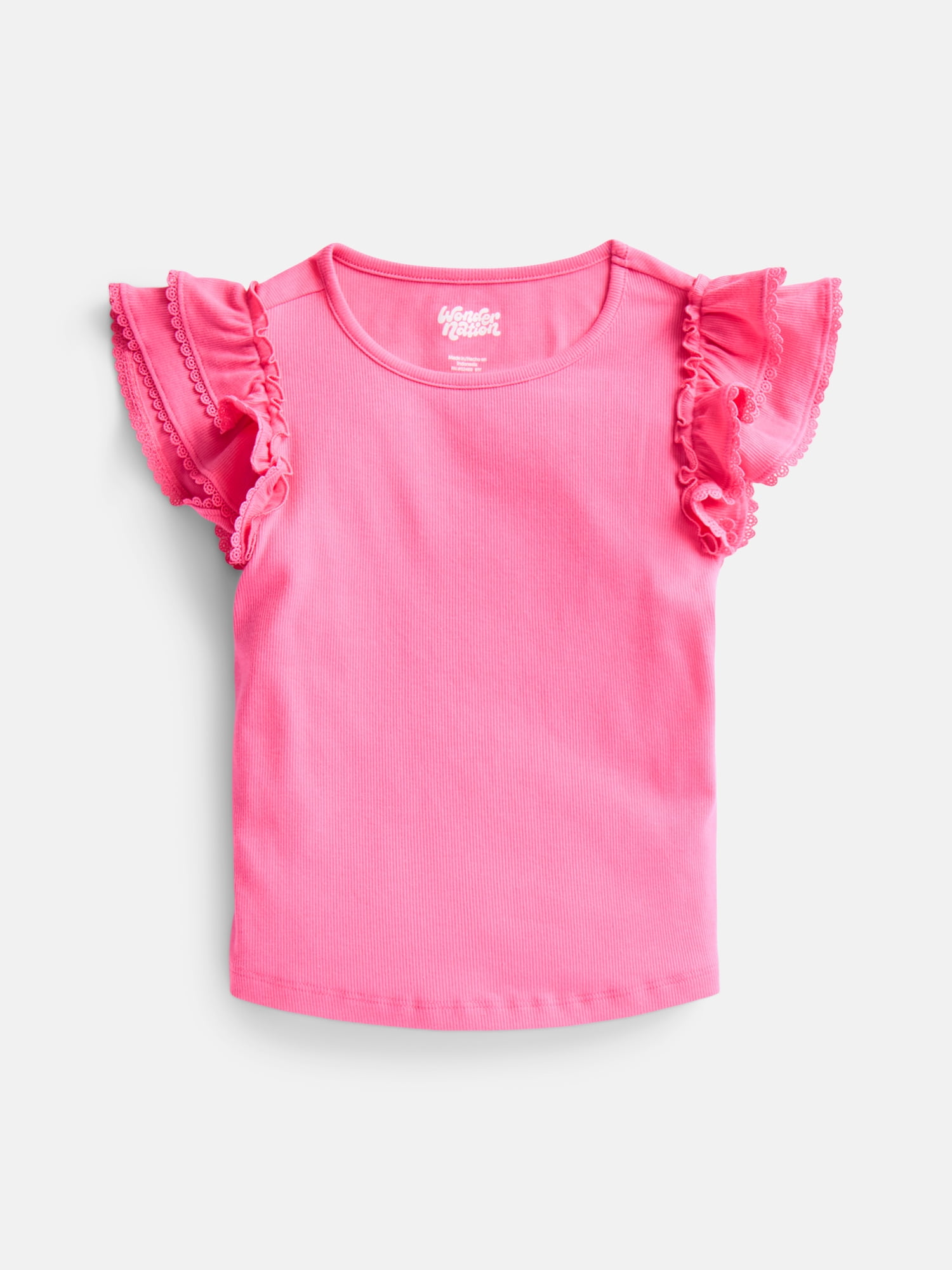 Wonder Nation Girls' Ribbed Top with Short Ruffle Sleeves, Sizes 4-18 & Plus
