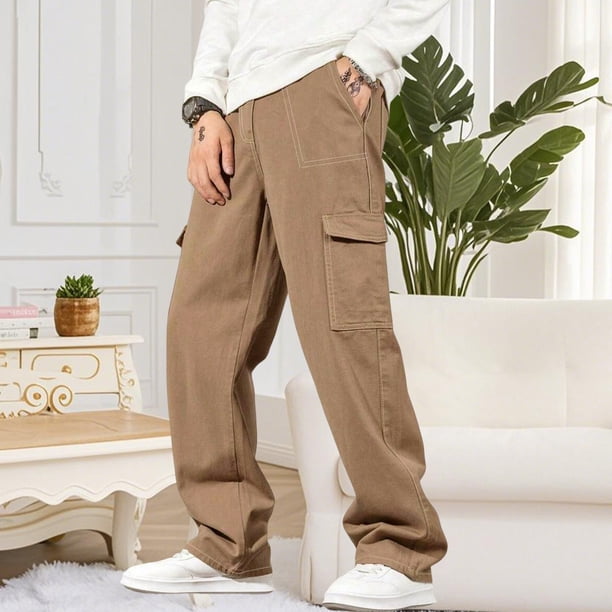 Pantalones largos para hombre, moda informal, cómodos, sólidos, con bolsillos, con cordón ajustable, pantalones regulares de poliéster para hombre.