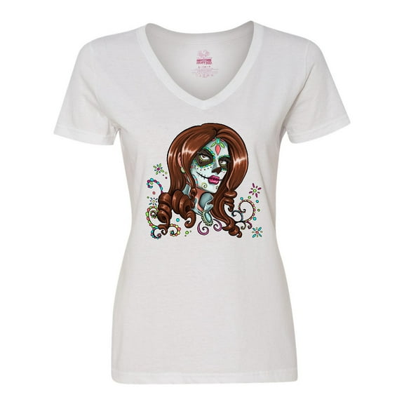 Inktastic Day of the Dead Woman in Sugar Skull Makeup Women's V-Neck T-Shirt