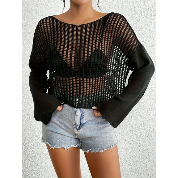 Sexy semi - transparent holey knitted pullover short