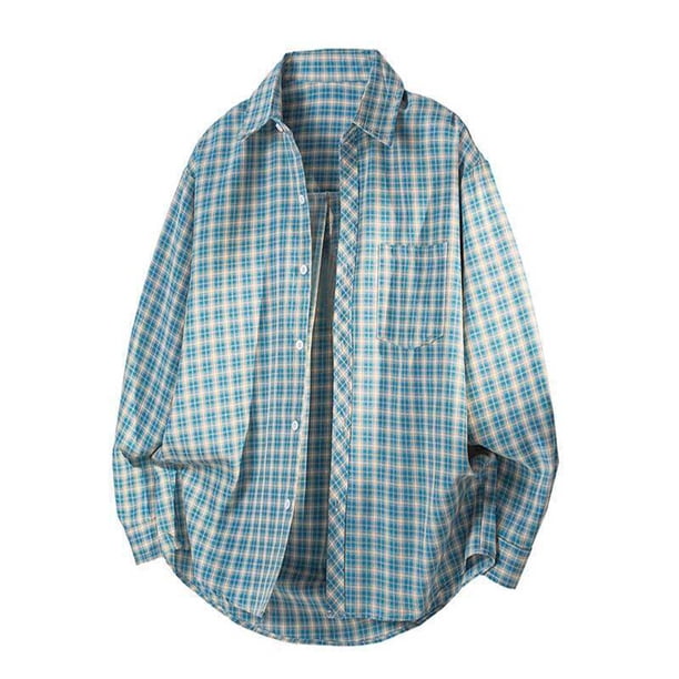 Blusa y camisa de manga larga con cuello vuelto para hombre, informal, de verano, de manga larga, estilo vintage, playera, con botones, de poliéster