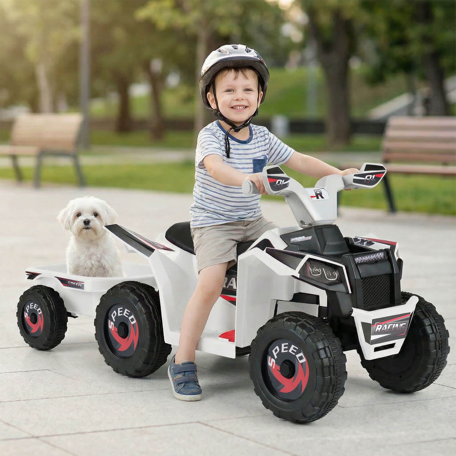 Costway Kids Electric ATV Car, 6V Battery-Powered Ride on Toy wirh Removable Back Trailer White